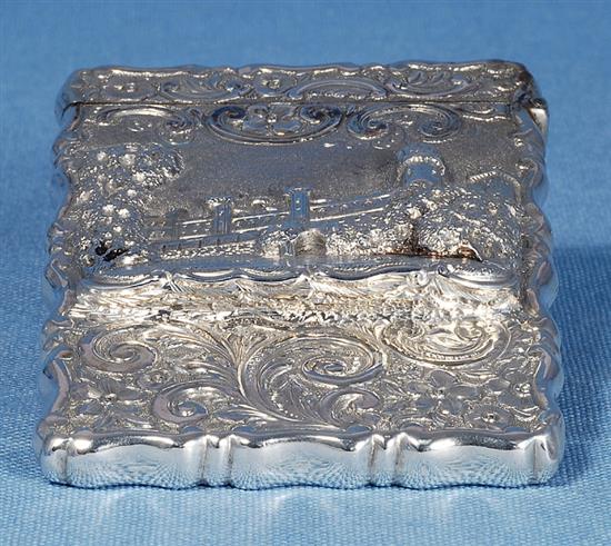 An early Victorian silver Castle top card case of Warwick castle in high relief, by George Unite, height 97mm, width 68mm, weight 65